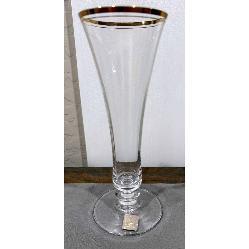 Mikasa Jamestown Gold Crystal Glass Bud Vase T2703 Gold Rim Austria 9.5 Inch